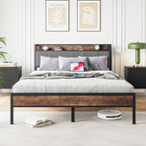 Queen Bed Frame with Storage Headboard & Charging Station, Brown/Gray